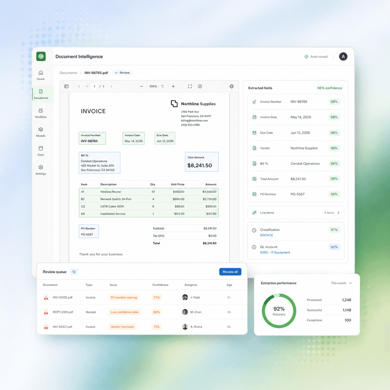 Finance automation dashboard showing workflow management and business analytics.