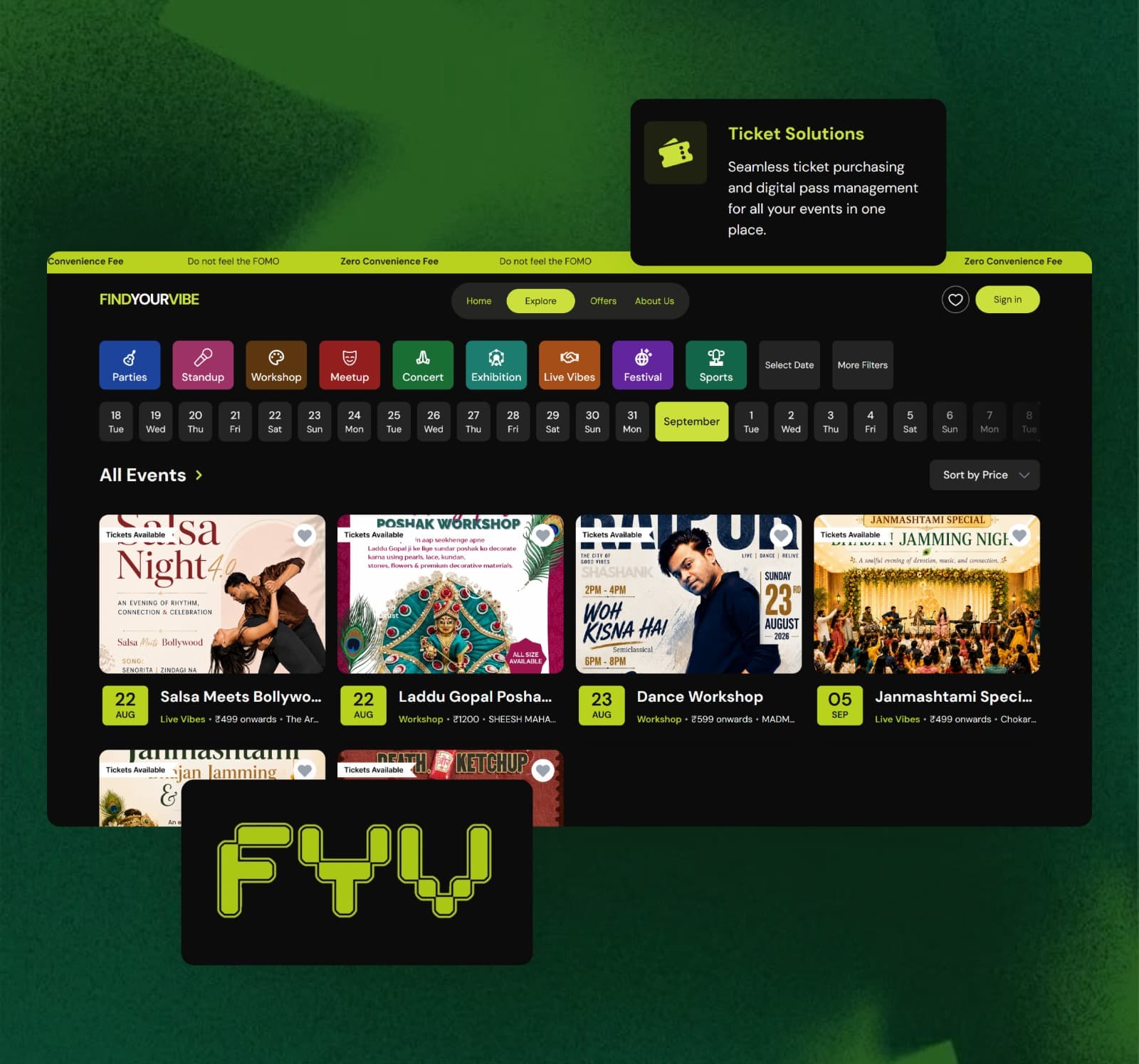 FindYourVibe homepage hero inviting visitors to search events by vibe and city.