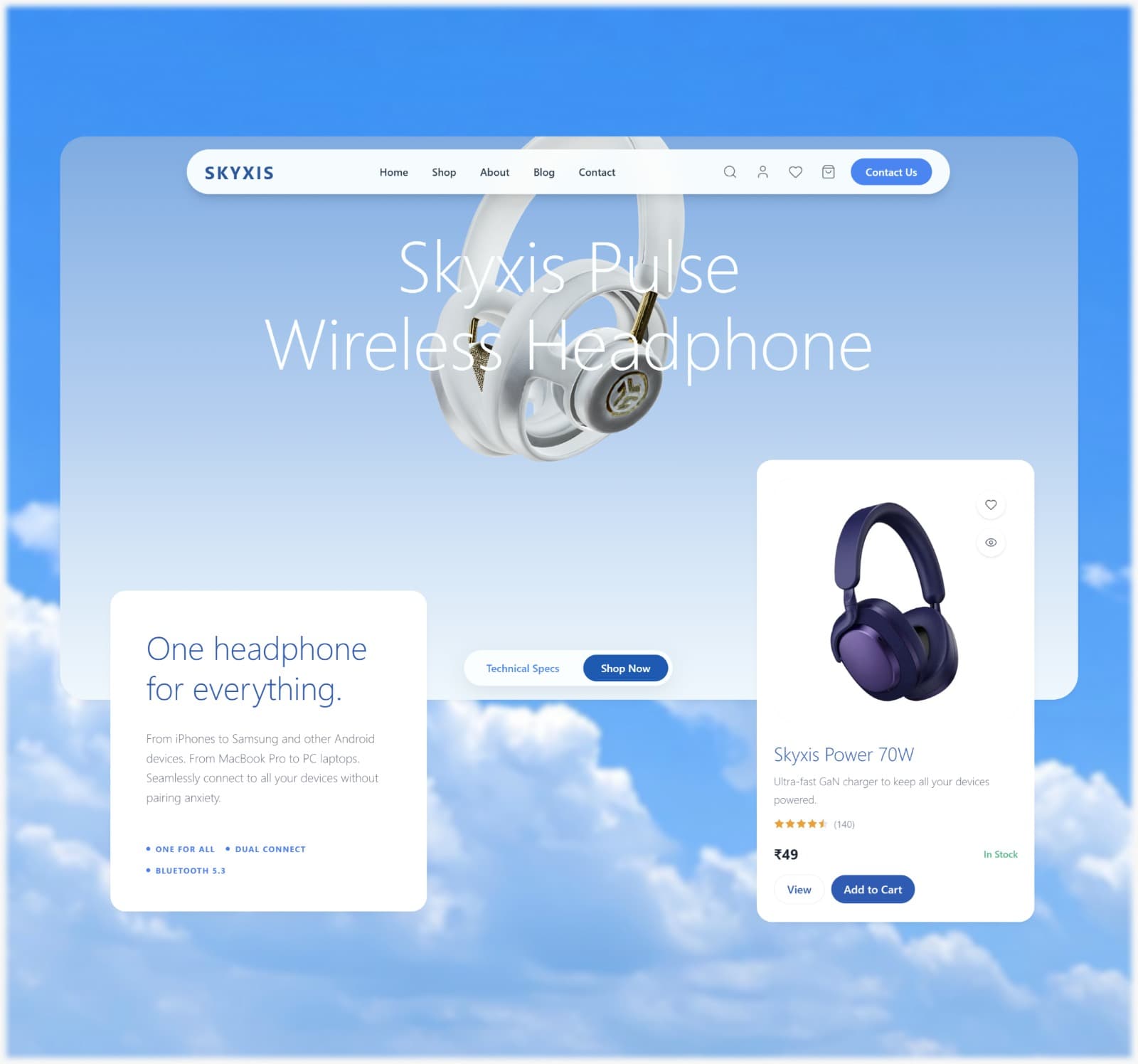 Skyxis homepage hero showing the Skyxis Pulse wireless headphones product shot.